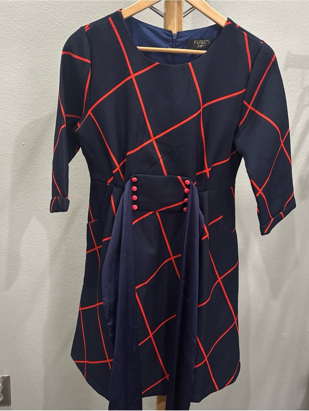 Navy Midi Dress with Red Windowpane and Red Button Detail